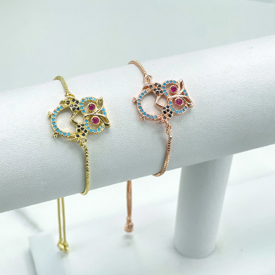 18k Gold Filled or Rose Gold Filled Colored Micro Cubic Zirconia Cutout Owl Shape Charm, Adjustable Bracelet, Wholesale Jewelry Supplies