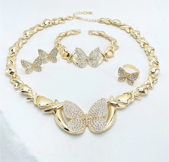 18k Gold Filled Cubic Zirconia Butterfly Hug & Kisses XOXO Design Set
