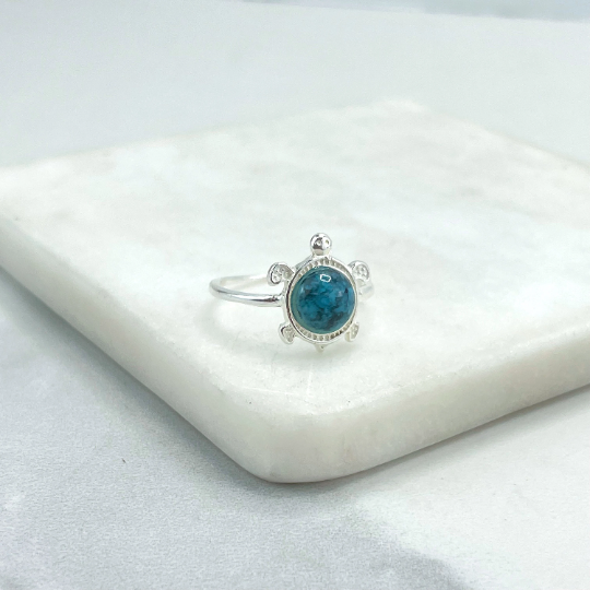 925 Sterling Silver & Turquoise Stone, Turtle Shape Design Ring, Stamped 925
