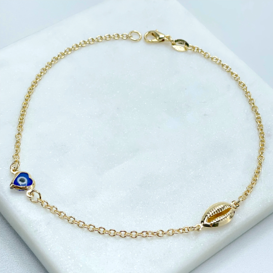 18k Gold Filled 2mm Rolo Link, Snail, Blue Heart Greek Eyes, Anklet Wholesale and Jewelry Supplies