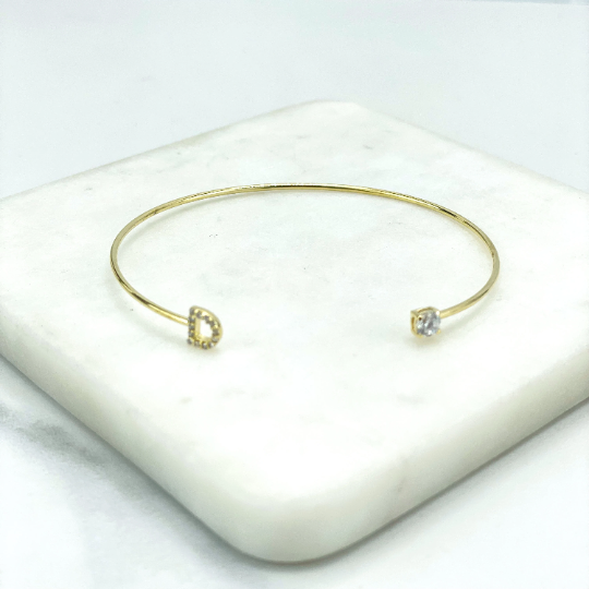 18k Gold Filled Dainty Cuff Bracelet with Micro Cubic Zirconia, Moon Star, Arrow, Pyramid, D, Clover or Solitaire Design, Wholesale Jewelry