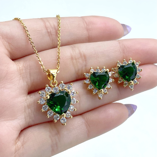 18k Gold Filled Rolo Chain with Green Cubic Zirconia Heart Shape Charms Necklace and Earrings Set