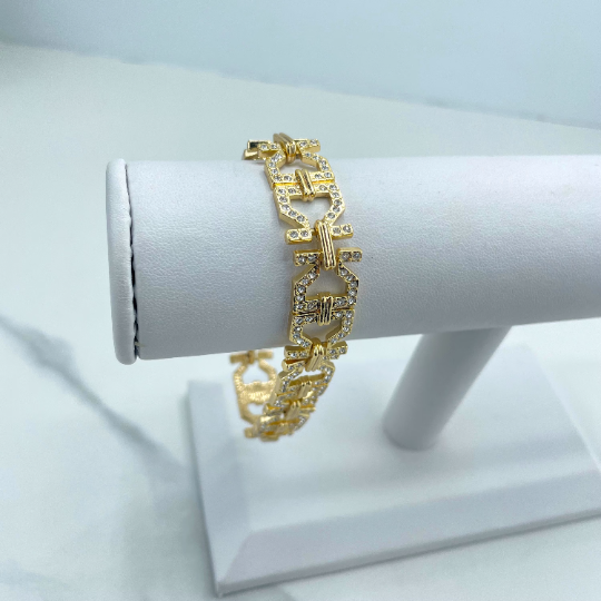 18k Gold Filled Clear Cubic Zirconia Greek Key Linked Chain Design Bracelet, Wholesale Jewelry Making Supplies