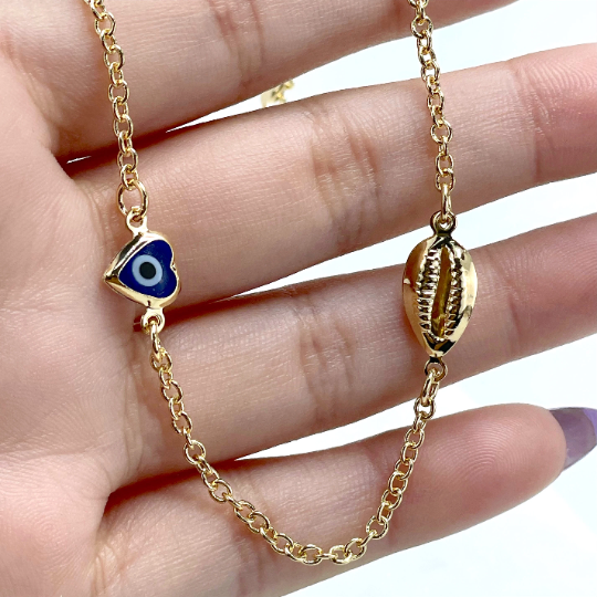 18k Gold Filled 2mm Rolo Link, Snail, Blue Heart Greek Eyes, Anklet Wholesale and Jewelry Supplies