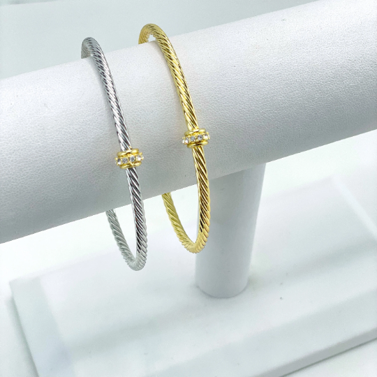 18k Gold Filled or Silver Filled Twisted Cable with Clear Cubic Zirconia Cuff Bracelet