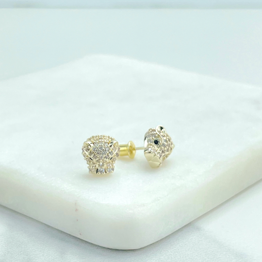 18k Gold Filled Clear Micro Cubic Zirconia Tiger Panther Shape Design with Green CZ Eyes Stud Earrings