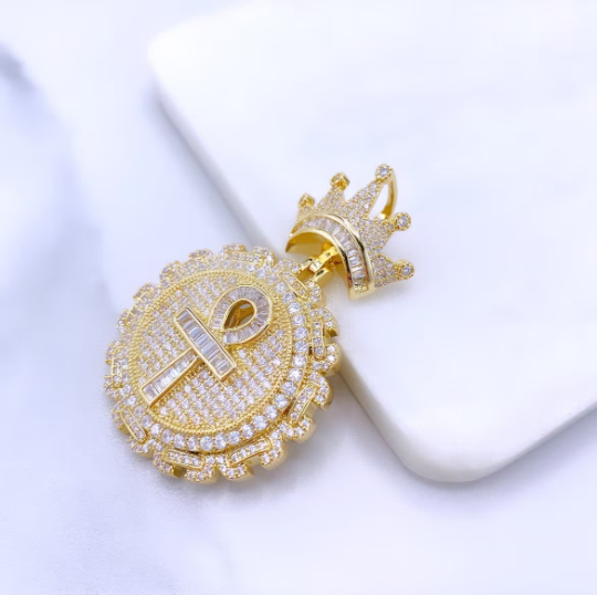 18k Gold Filled or Silver Filled Micro Cubic Zirconia & Baguette Ankh Cross Crown Pendant Only, with Large Bail