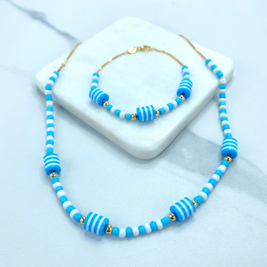 18k Gold Filled 1mm Box Chain Beaded Blue, White & Gold Necklace or Bracelet Set Wholesale Jewelry Making Supplies