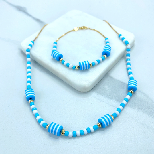 18k Gold Filled 1mm Box Chain Beaded Blue, White & Gold Necklace or Bracelet Set