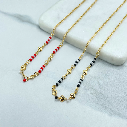18k Gold Filled Rolo Chain Beaded with Enamel Red or Blue & Hearts Charms Necklace, Wholesale Jewelry Making Supplies