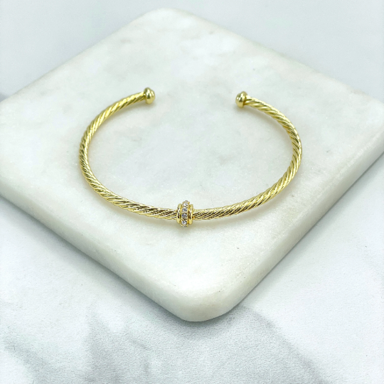 18k Gold Filled or Silver Filled Twisted Cable with Clear Cubic Zirconia Cuff Bracelet