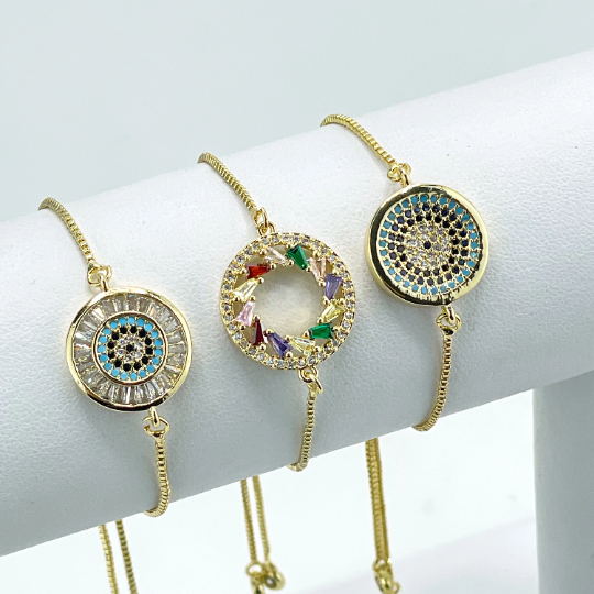 18k Gold Filled Box Chain Colored Micro Cubic Zirconia Rainbow Circle or Evil Eye Style Bracelet, Wholesale Jewelry Making Supplies