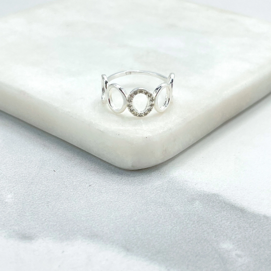925 Sterling Silver Clear Cubic Zirconia Details, Circles Geometry Ring, Stamped 925