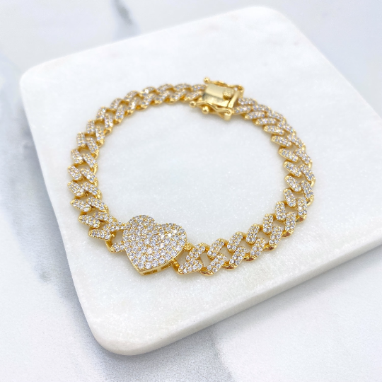 18k Gold Filled 6mn 4\Iced Miami Cuban Chain Bracelet with Heart Charm Featuring Double Safety Lock Box Cubic Zirconia