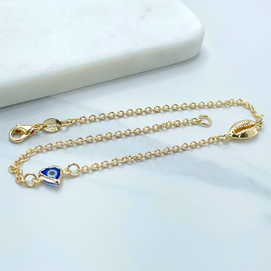 18k Gold Filled 2mm Rolo Link, Snail, Blue Heart Greek Eyes, Anklet Wholesale and Jewelry Supplies