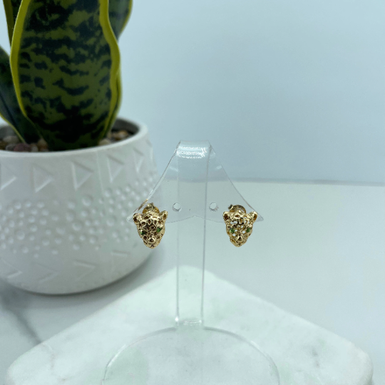 18k Gold Filled Clear Micro Cubic Zirconia Tiger Panther Shape Design with Green CZ Eyes Stud Earrings