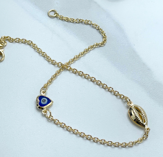 18k Gold Filled 2mm Rolo Link, Snail, Blue Heart Greek Eyes, Anklet Wholesale and Jewelry Supplies