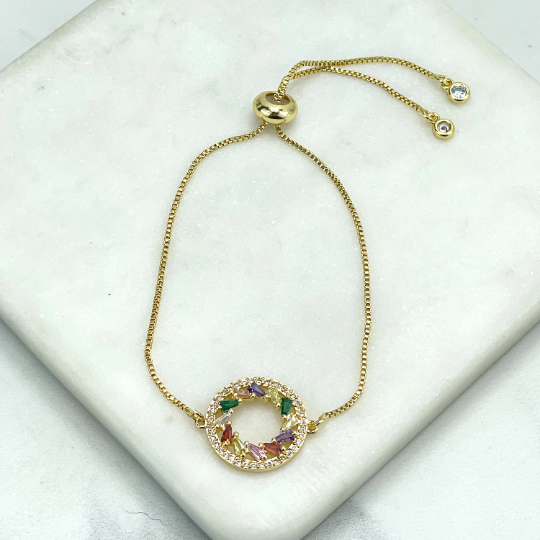 18k Gold Filled Box Chain Colored Micro Cubic Zirconia Rainbow Circle or Evil Eye Style Bracelet, Wholesale Jewelry Making Supplies