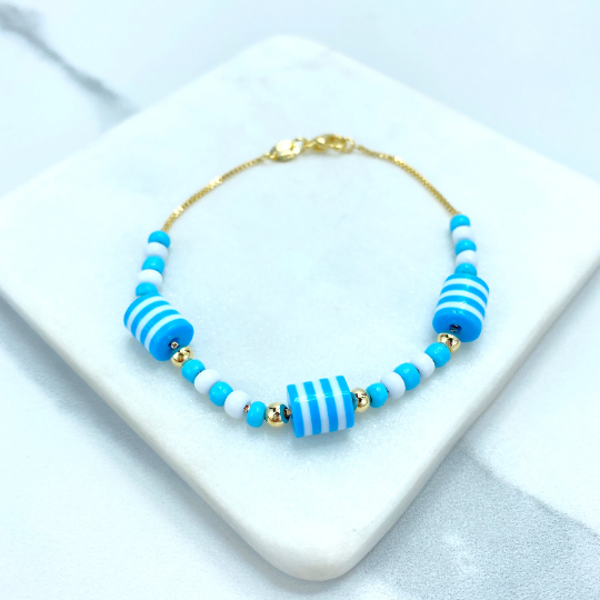 18k Gold Filled 1mm Box Chain Beaded Blue, White & Gold Necklace or Bracelet Set
