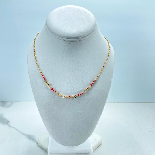 18k Gold Filled Rolo Chain Beaded with Enamel Red or Blue & Hearts Charms Necklace, Wholesale Jewelry Making Supplies