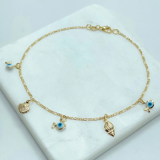 18k Gold Filled 2mm Figaro Link, Snails, Blue Greek Eyes Fish, Anklet  Wholesale and Jewelry Supplies