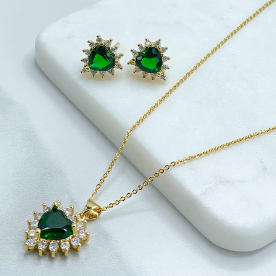 18k Gold Filled Rolo Chain with Green Cubic Zirconia Heart Shape Charms Necklace and Earrings Set