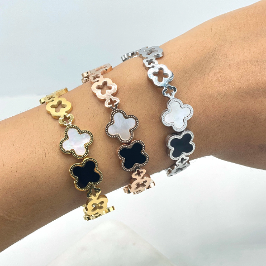 18k Gold Filled, Rose Gold or Silver Filled Clear CZ, Madreperola, Enamel and Cutout CloverCharm Linked Bracelet