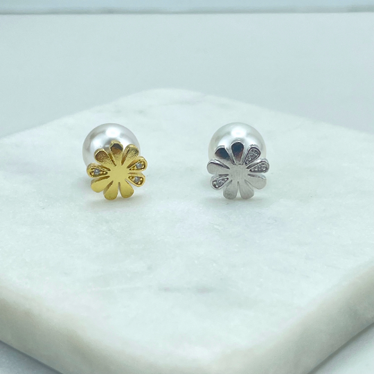 18k Gold Filled or Silver Filled, Clear CZ Flower Shape with Pearl, Ear Jacket, Front Back Stud Earrings, Double Sided