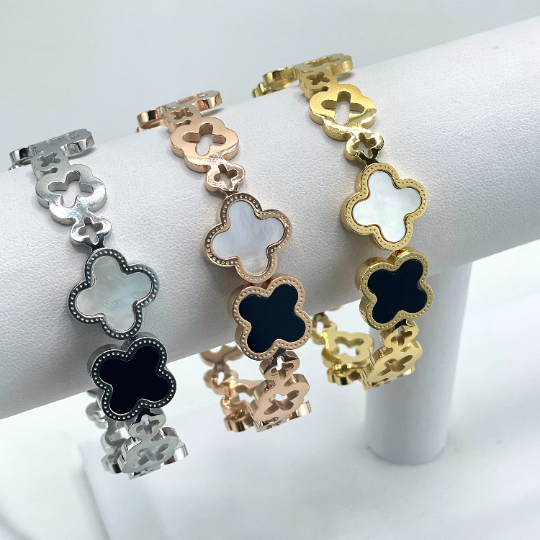 18k Gold Filled, Rose Gold or Silver Filled Clear CZ, Madreperola, Enamel and Cutout CloverCharm Linked Bracelet