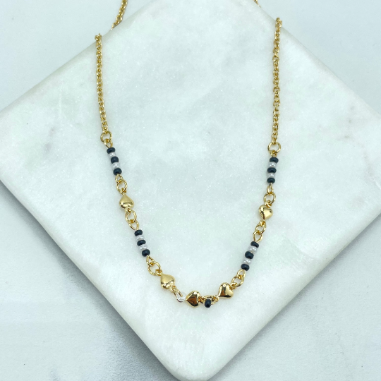 18k Gold Filled Rolo Chain Beaded with Enamel Red or Blue & Hearts Charms Necklace, Wholesale Jewelry Making Supplies
