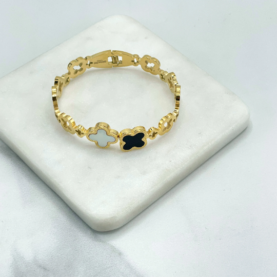 18k Gold Filled, Rose Gold or Silver Filled Clear CZ, Madreperola, Enamel and Cutout CloverCharm Linked Bracelet