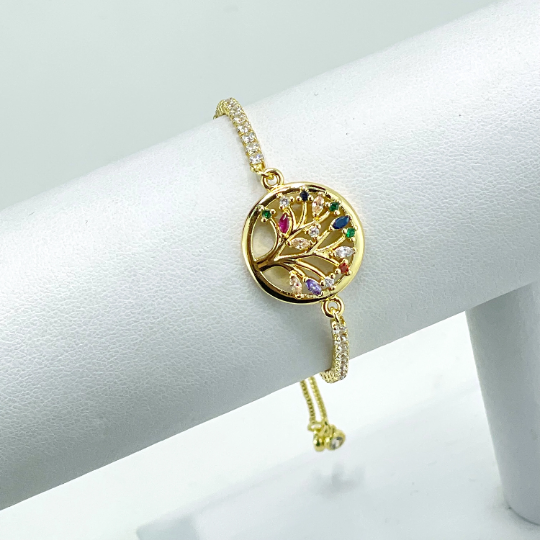 18k Gold Filled Clear & Colored Cubic Zirconia Cutout Tree of Life Shape Charm, Adjustable Bracelet, Wholesale Jewelry Making Supplies.
