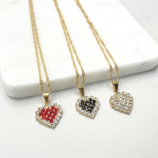 18k Gold Filled Singapore Chain, CZ White, Red or Black Heart Charms, Necklace and Earrings Set