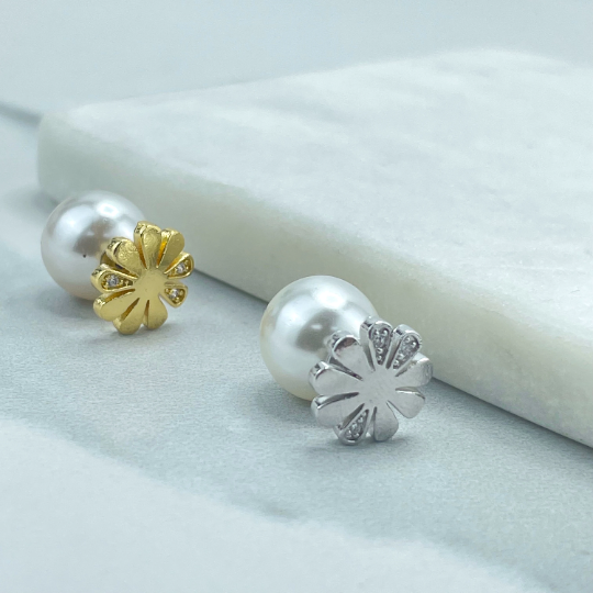 18k Gold Filled or Silver Filled, Clear CZ Flower Shape with Pearl, Ear Jacket, Front Back Stud Earrings, Double Sided