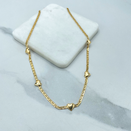 18k Gold Filled 3mm Mariner Link Chain with 05 Hearts Charms Linked Necklace