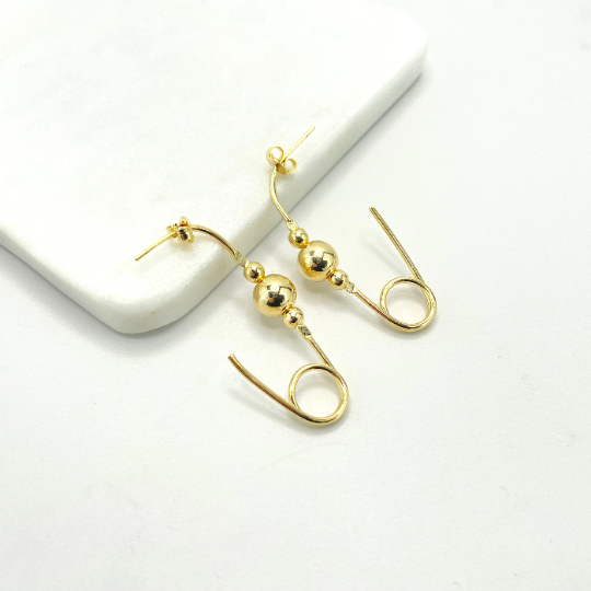 18k Gold Filled Safety Pin Drop with Bead Earrings