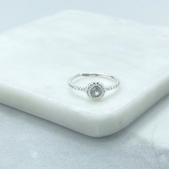 925 Sterling Silver Clear Cubic Zirconia, Texturized Band, Stamped 925