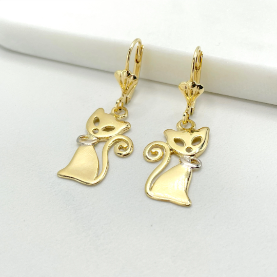 18k Gold Filled Two Tone Cat Design Earrings and Pendant Set