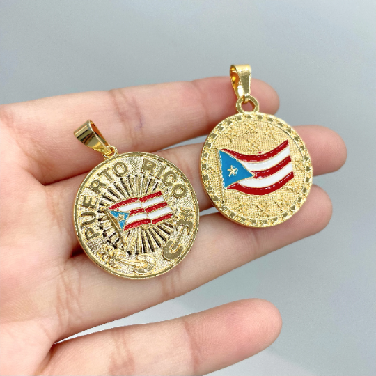18k Gold Filled Texturized Puerto Rico Colored Medal Flag Pendant