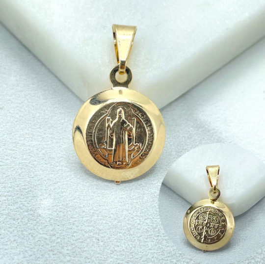 18k Gold Filled Saint Benedict Reversible Medal Pendant Charms, Catholic Roman Protection