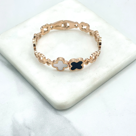 18k Gold Filled, Rose Gold or Silver Filled Clear CZ, Madreperola, Enamel and Cutout CloverCharm Linked Bracelet