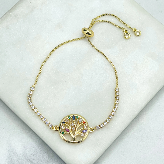 18k Gold Filled Clear & Colored Cubic Zirconia Cutout Tree of Life Shape Charm, Adjustable Bracelet, Wholesale Jewelry Making Supplies.