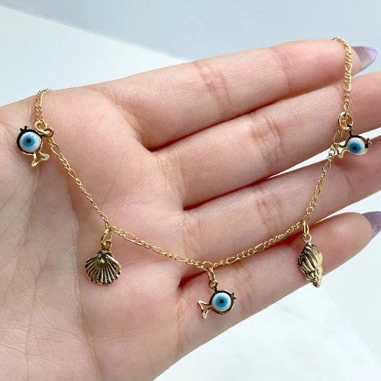 18k Gold Filled 2mm Figaro Link, Snails, Blue Greek Eyes Fish, Anklet  Wholesale and Jewelry Supplies