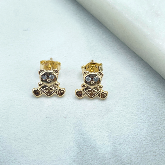 18k Gold Filled Clear Cubic Zirconia Pettie Ted Bear Shape Design Stud Earrings