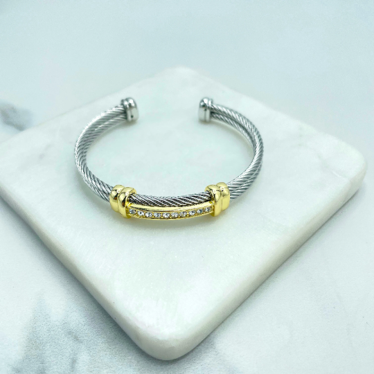18k Gold Filled and Silver Filled Cable Cuff Bracelets, Belt Buckle Detail, Zirconia or Plain, Wholesale Jewelry Making Supplies