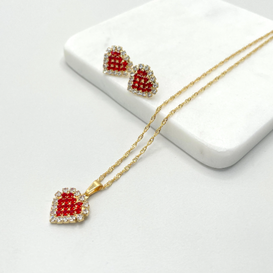 18k Gold Filled Singapore Chain, CZ White, Red or Black Heart Charms, Necklace and Earrings Set