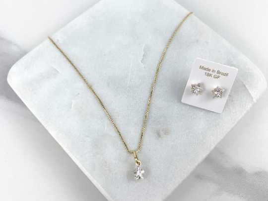 18k Gold Filled 1mm Box Chain with Cubic Zirconia Star Shape Charm,  Necklace & Earrings Set