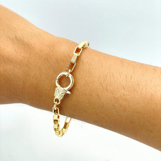 18k Gold Filled 2mm Square Up Link Chain or Bracelet, Texturized Large Lobster Claw, Specialty Chain