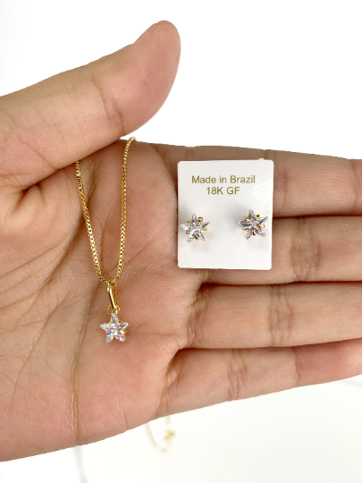 18k Gold Filled 1mm Box Chain with Cubic Zirconia Star Shape Charm,  Necklace & Earrings Set
