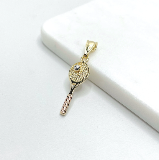 18k Gold Filled Three Tone Tennis Racquet and Ball Pendant Charms